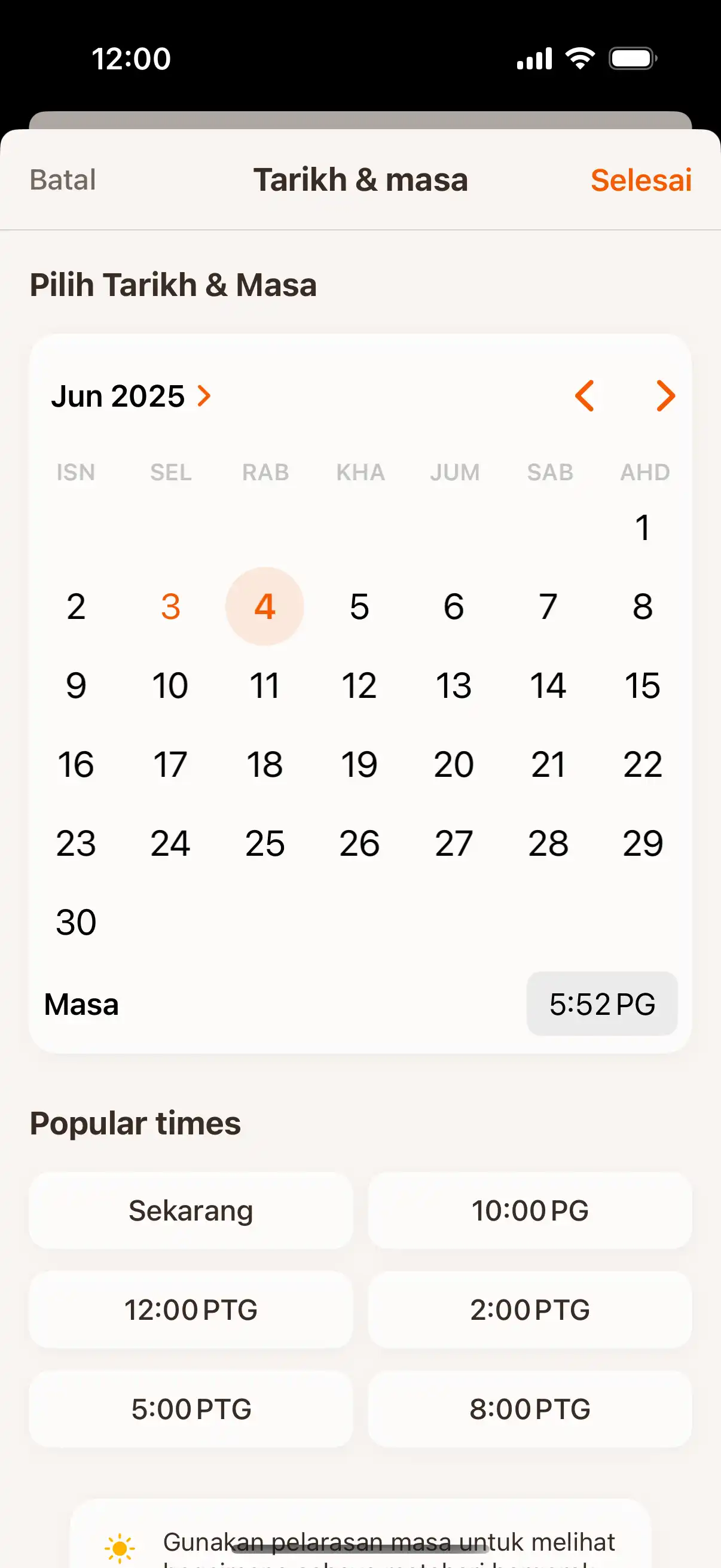 Time travel interface showing date and time picker to check sun position at future or past moments