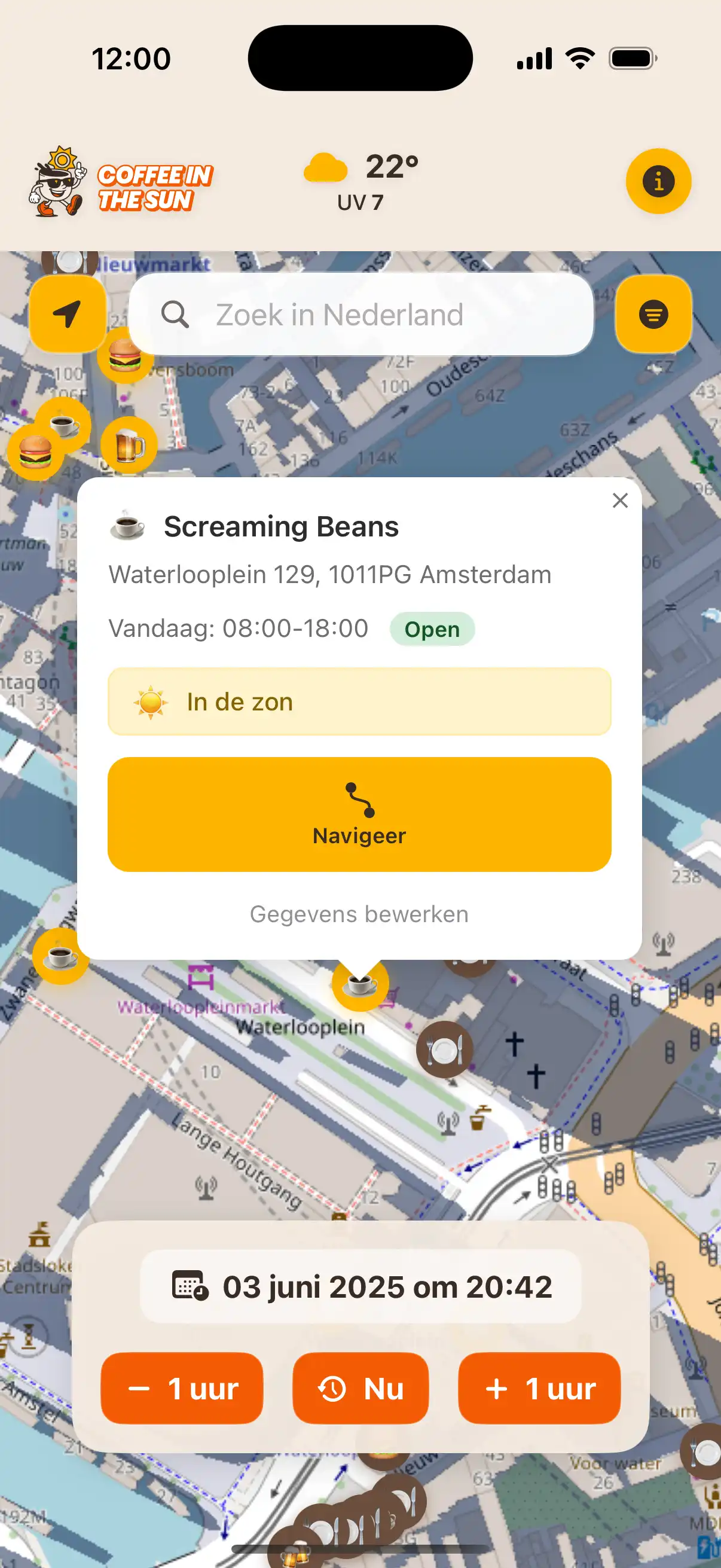 Coffee in the Sun app main map view showing restaurants and cafes with sun and shadow indicators