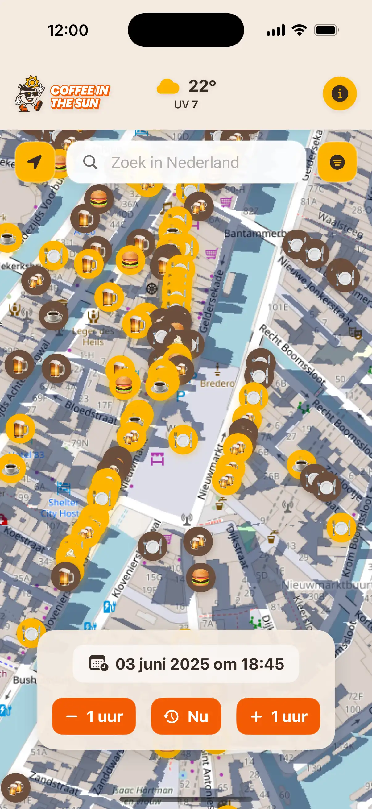 App location details screen showing restaurant information, address, and real-time sun exposure status