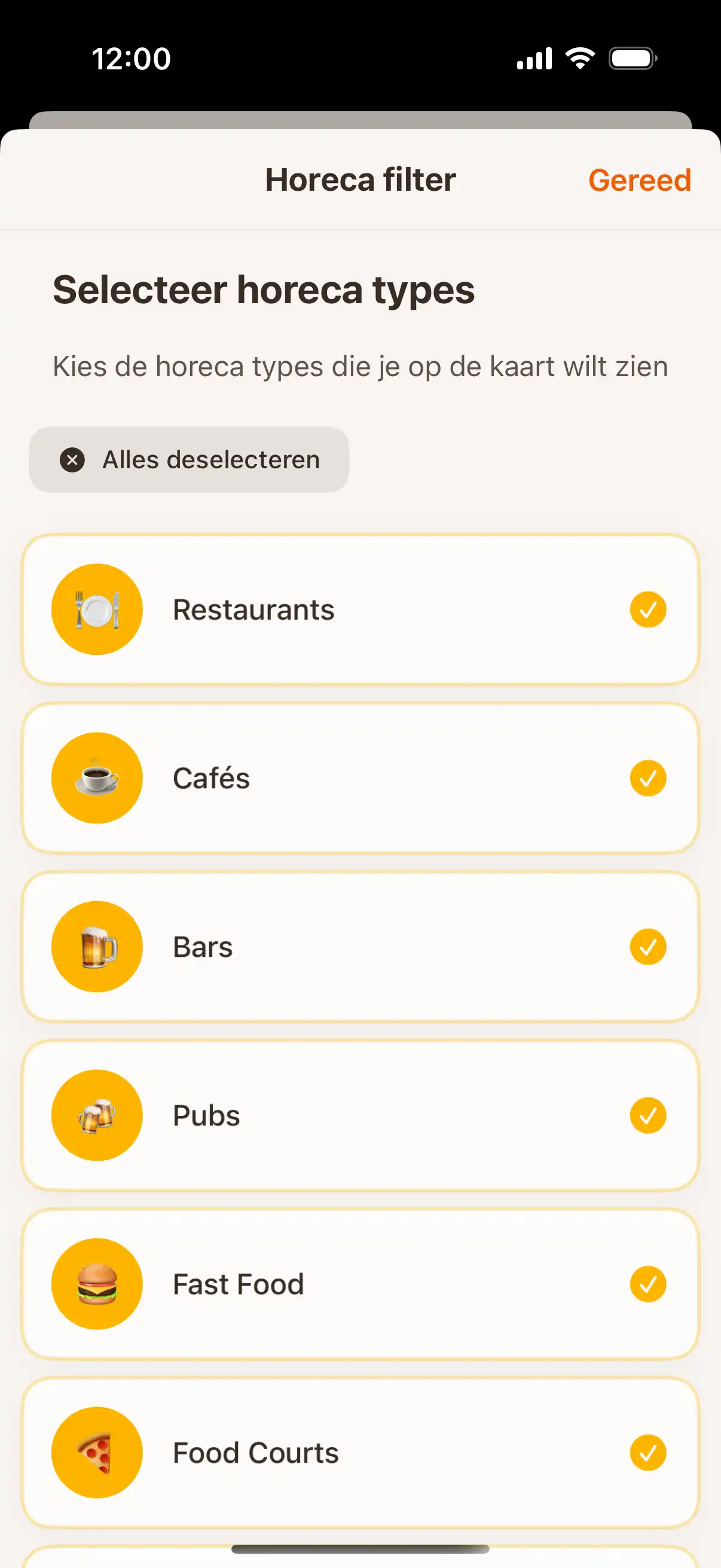 App filter screen showing different types of establishments - restaurants, cafes, bars, and ice cream parlors with selection options
