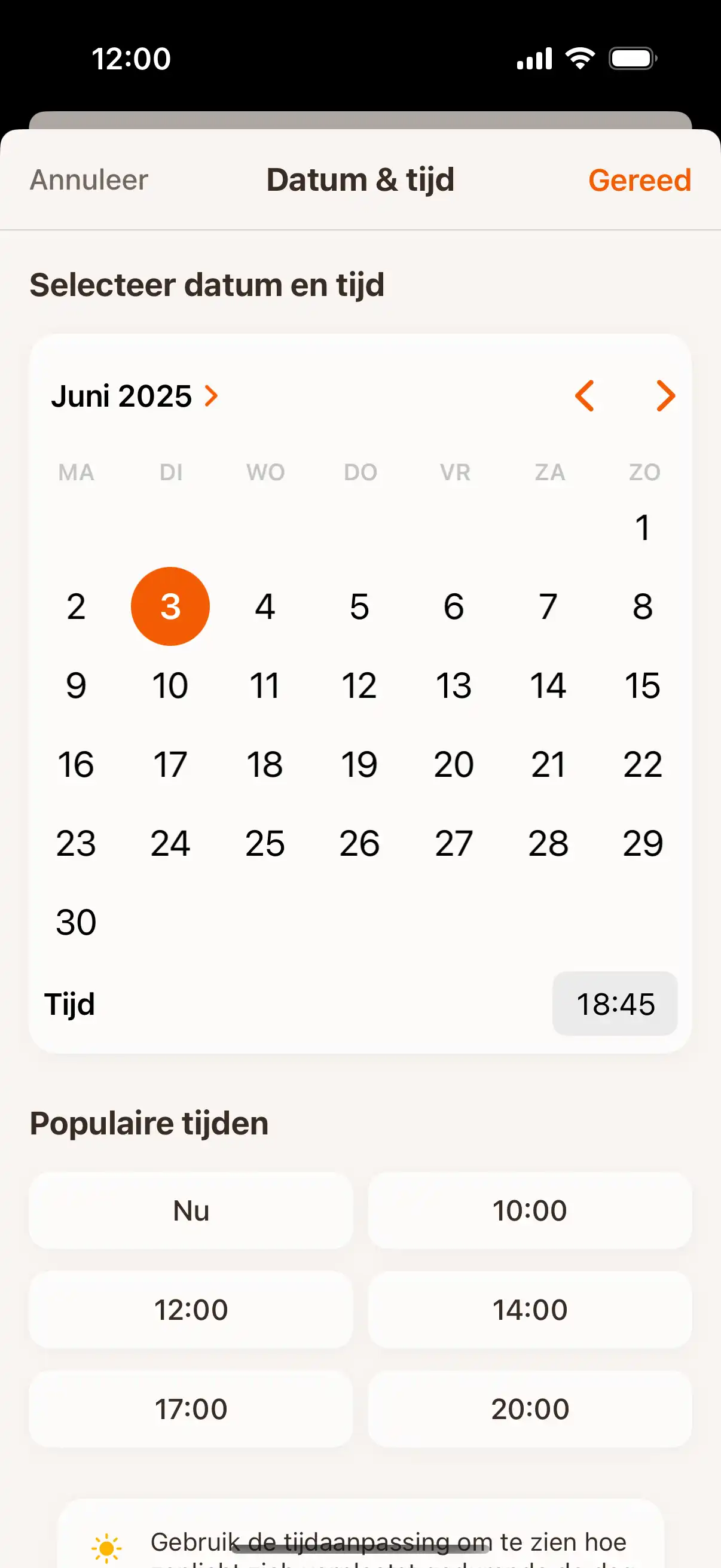 Time travel interface showing date and time picker to check sun position at future or past moments