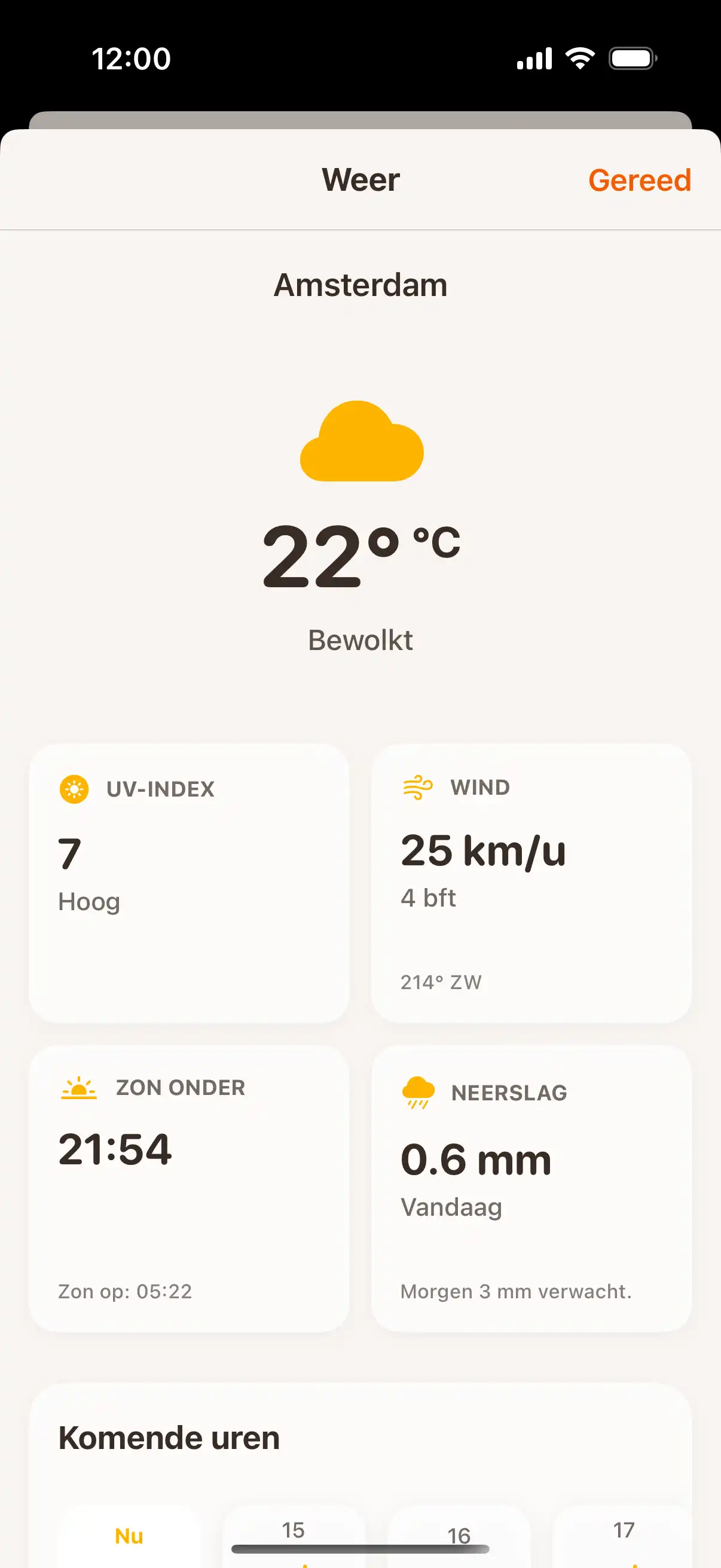 Weather forecast screen showing detailed hourly and daily weather predictions with temperature and precipitation data
