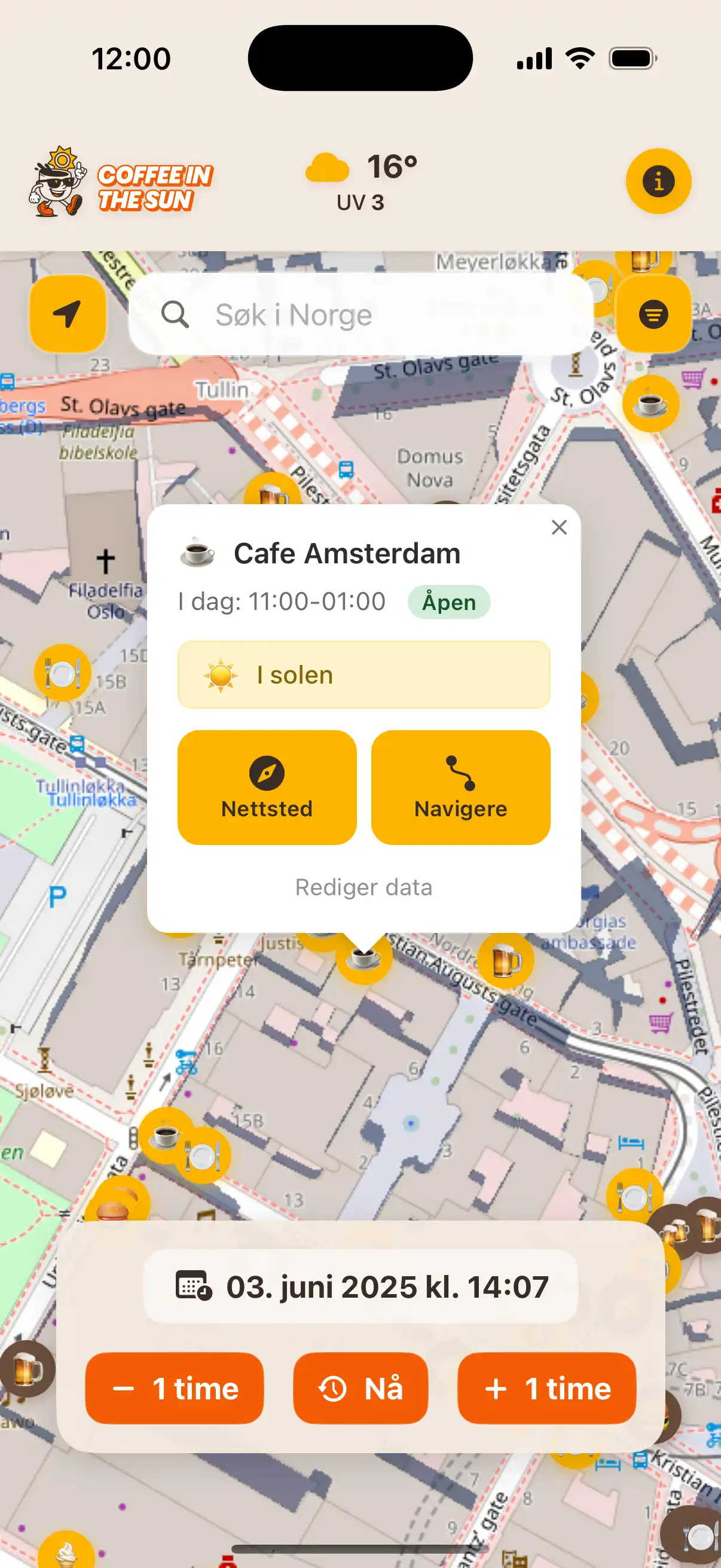 Coffee in the Sun app main map view showing restaurants and cafes with sun and shadow indicators