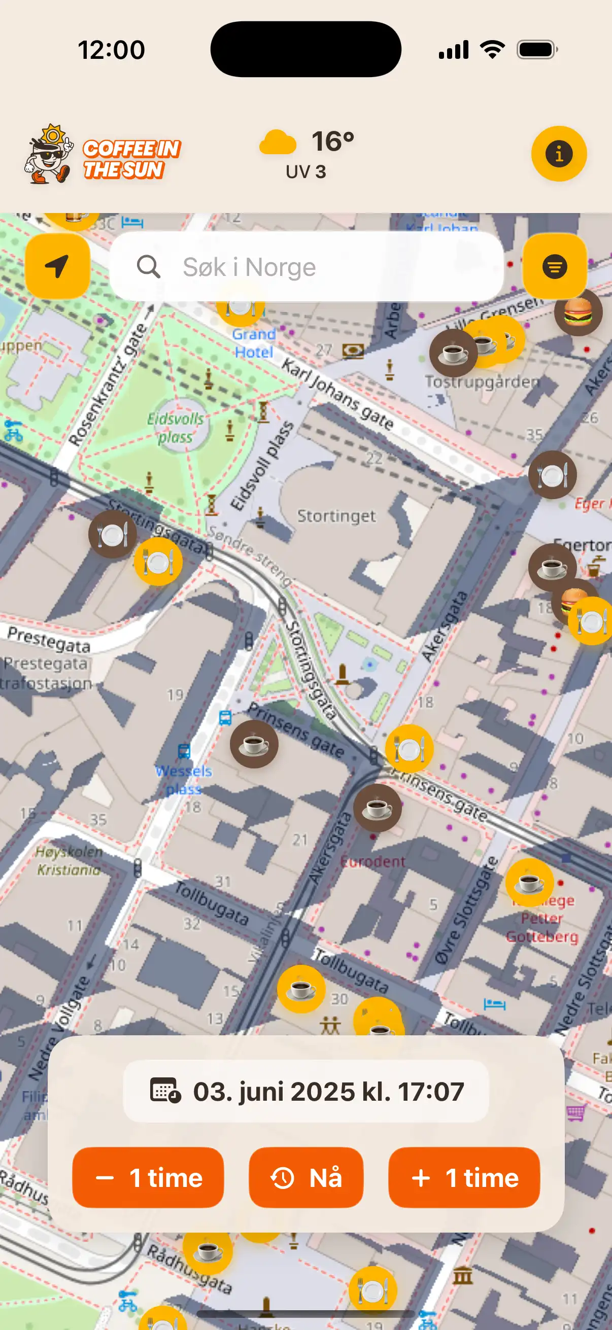 App location details screen showing restaurant information, address, and real-time sun exposure status