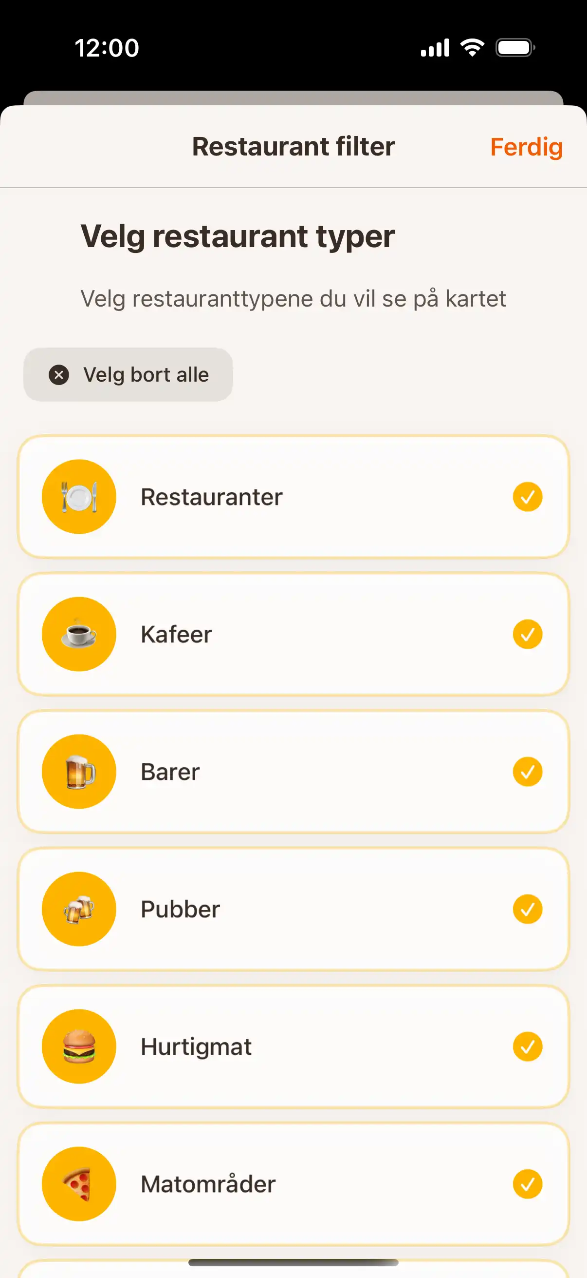 App filter screen showing different types of establishments - restaurants, cafes, bars, and ice cream parlors with selection options