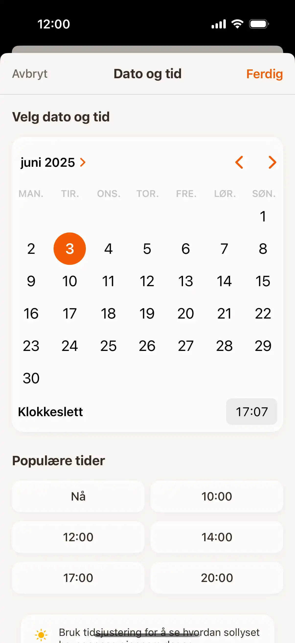 Time travel interface showing date and time picker to check sun position at future or past moments