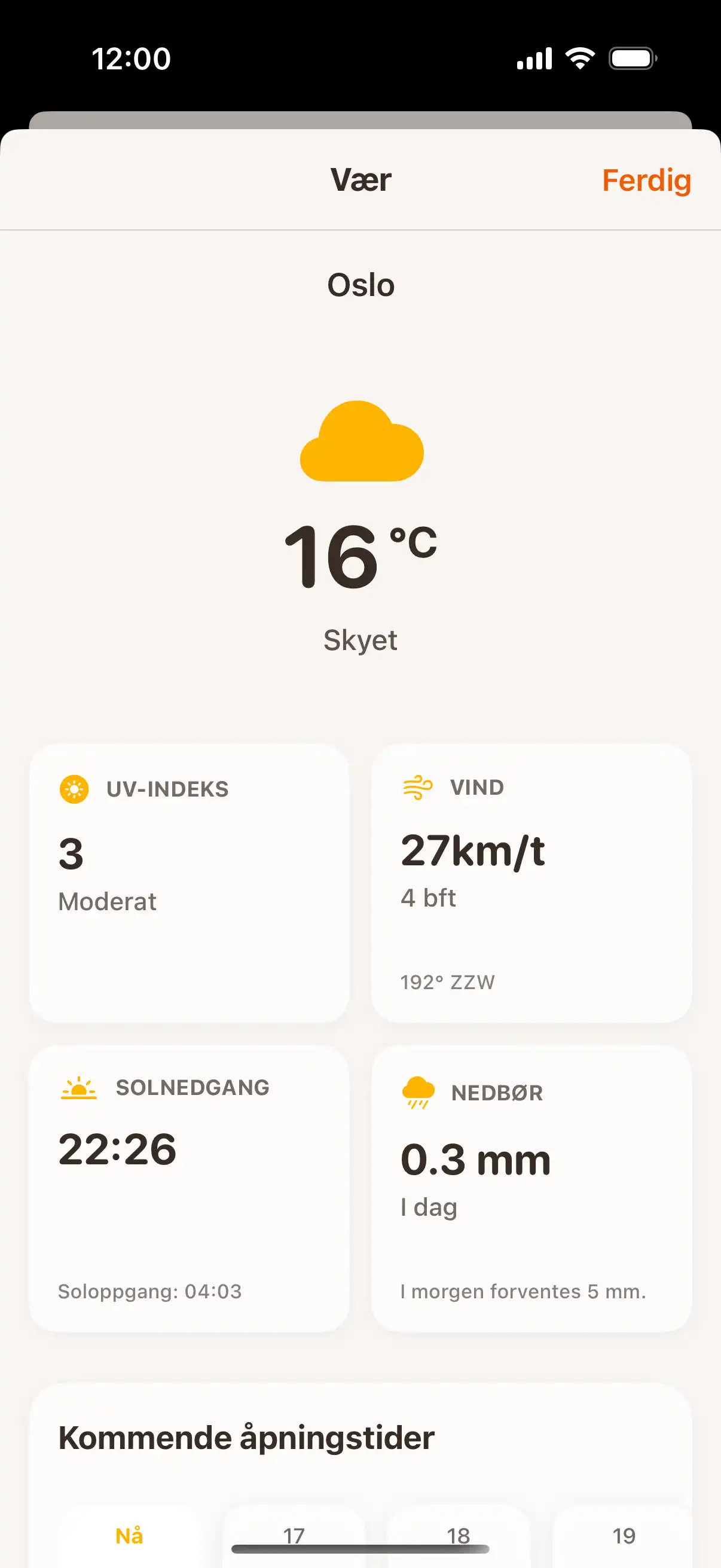 Weather forecast screen showing detailed hourly and daily weather predictions with temperature and precipitation data