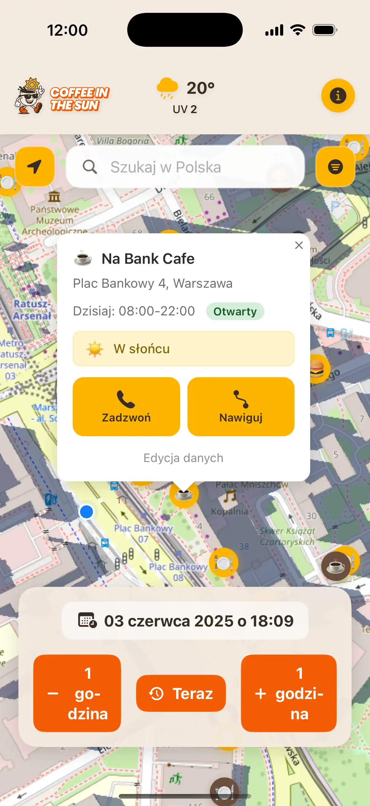 Coffee in the Sun app main map view showing restaurants and cafes with sun and shadow indicators