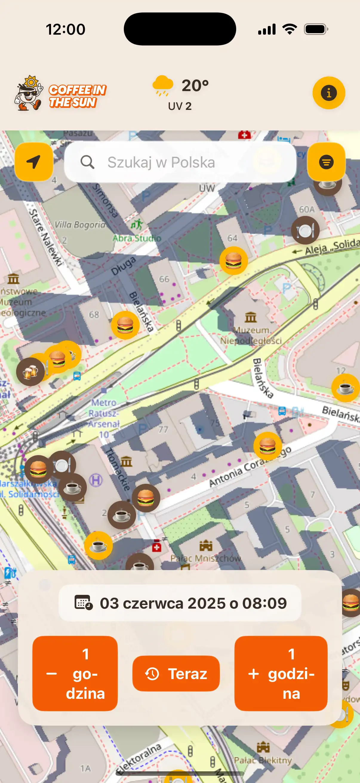 App location details screen showing restaurant information, address, and real-time sun exposure status