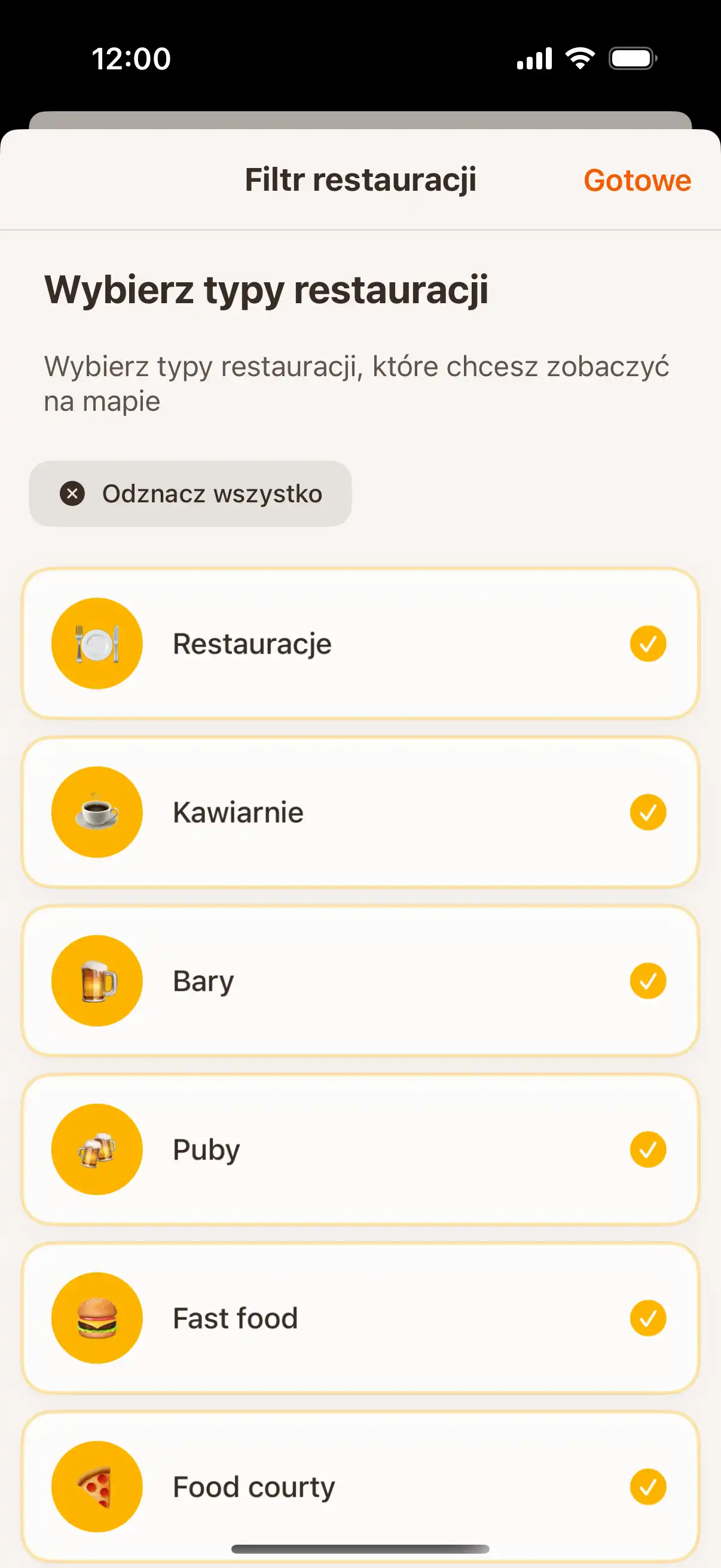 App filter screen showing different types of establishments - restaurants, cafes, bars, and ice cream parlors with selection options