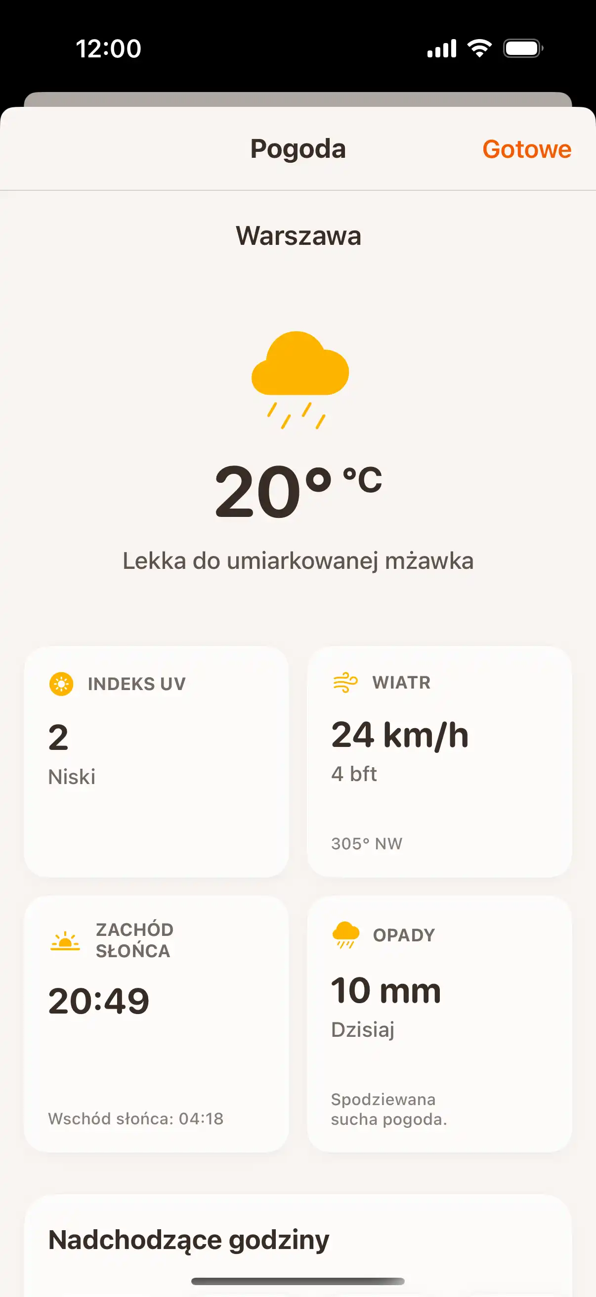 Weather forecast screen showing detailed hourly and daily weather predictions with temperature and precipitation data