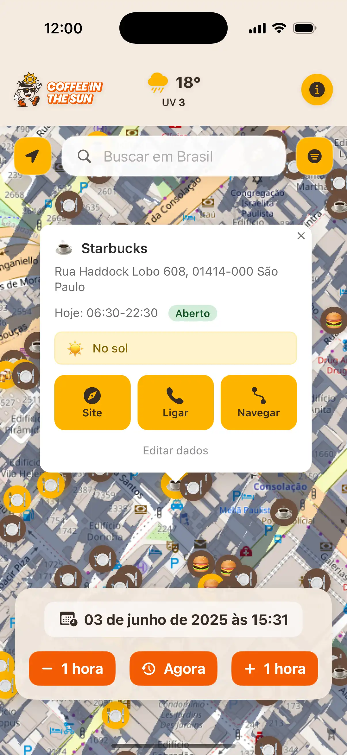 Coffee in the Sun app main map view showing restaurants and cafes with sun and shadow indicators