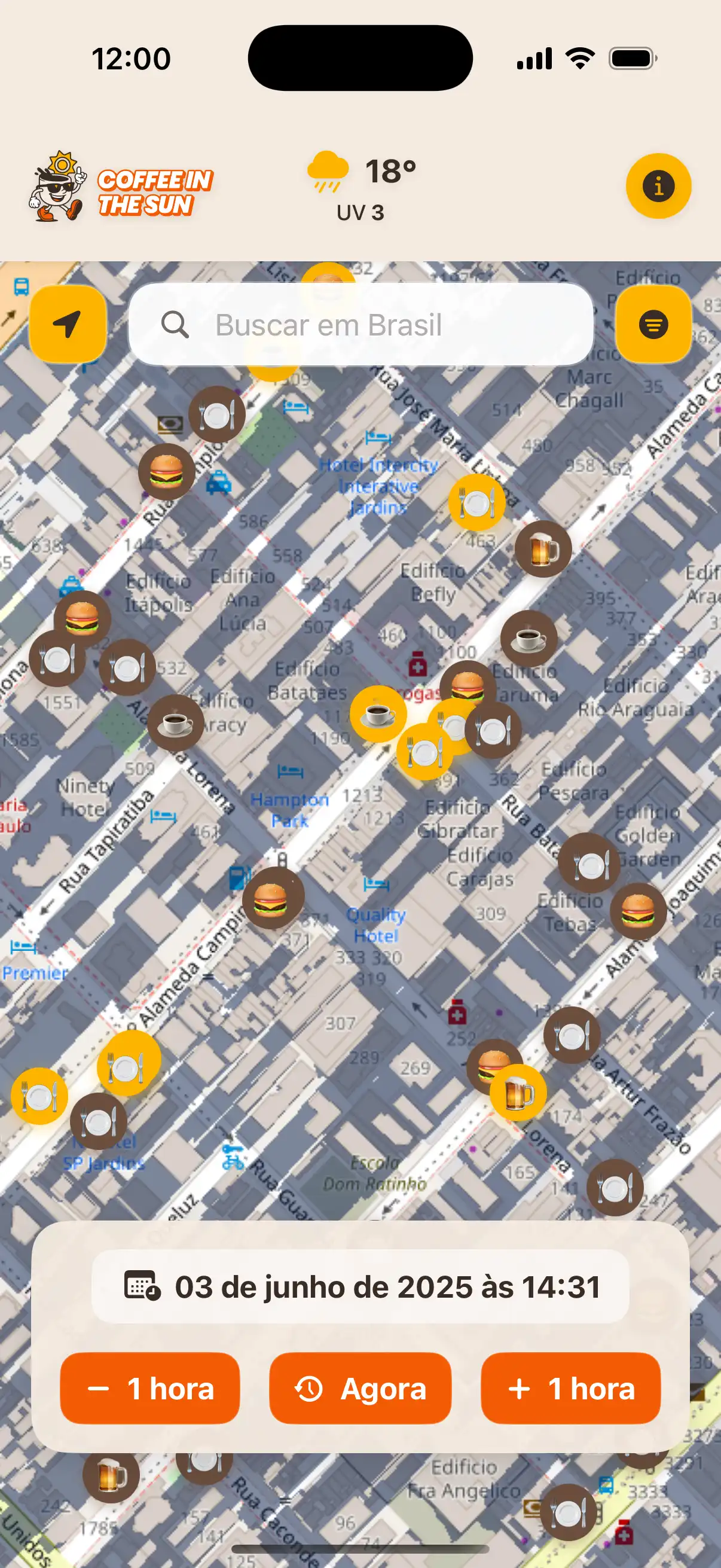 App location details screen showing restaurant information, address, and real-time sun exposure status