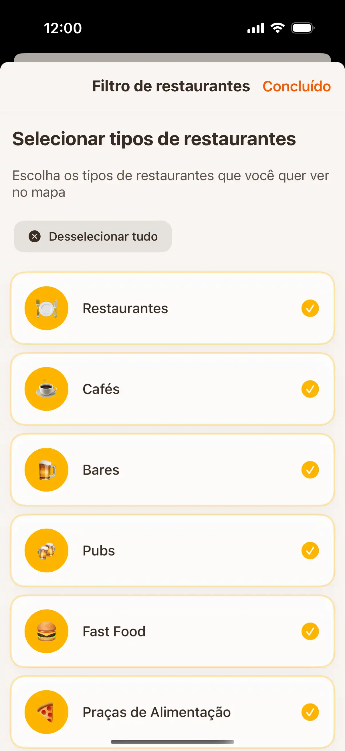 App filter screen showing different types of establishments - restaurants, cafes, bars, and ice cream parlors with selection options