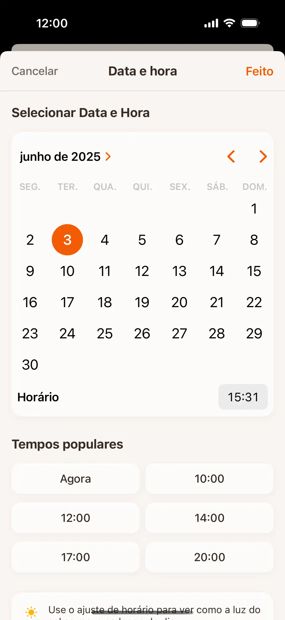 Time travel interface showing date and time picker to check sun position at future or past moments