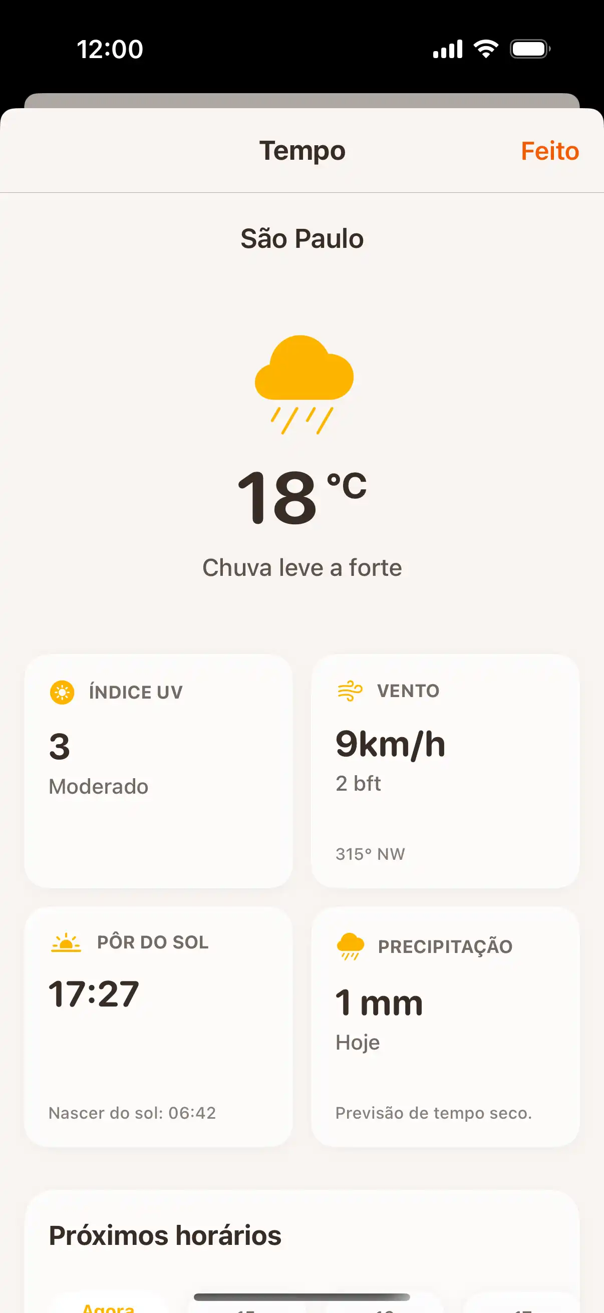 Weather forecast screen showing detailed hourly and daily weather predictions with temperature and precipitation data