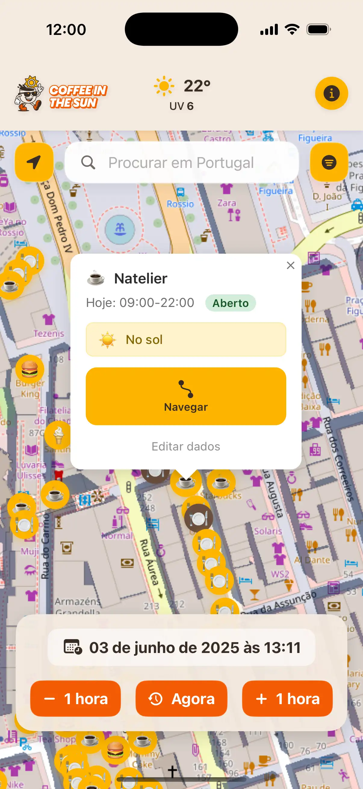 Coffee in the Sun app main map view showing restaurants and cafes with sun and shadow indicators