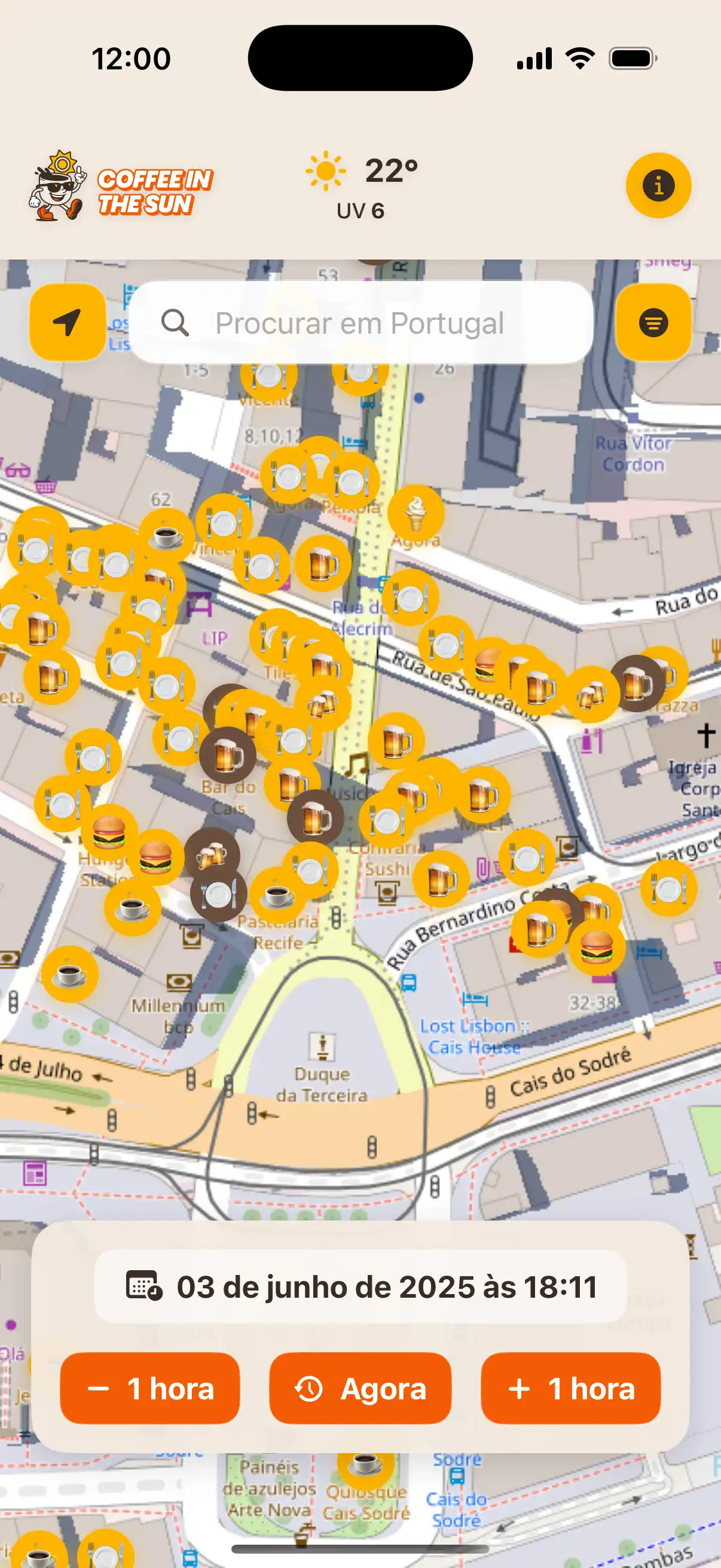 App location details screen showing restaurant information, address, and real-time sun exposure status