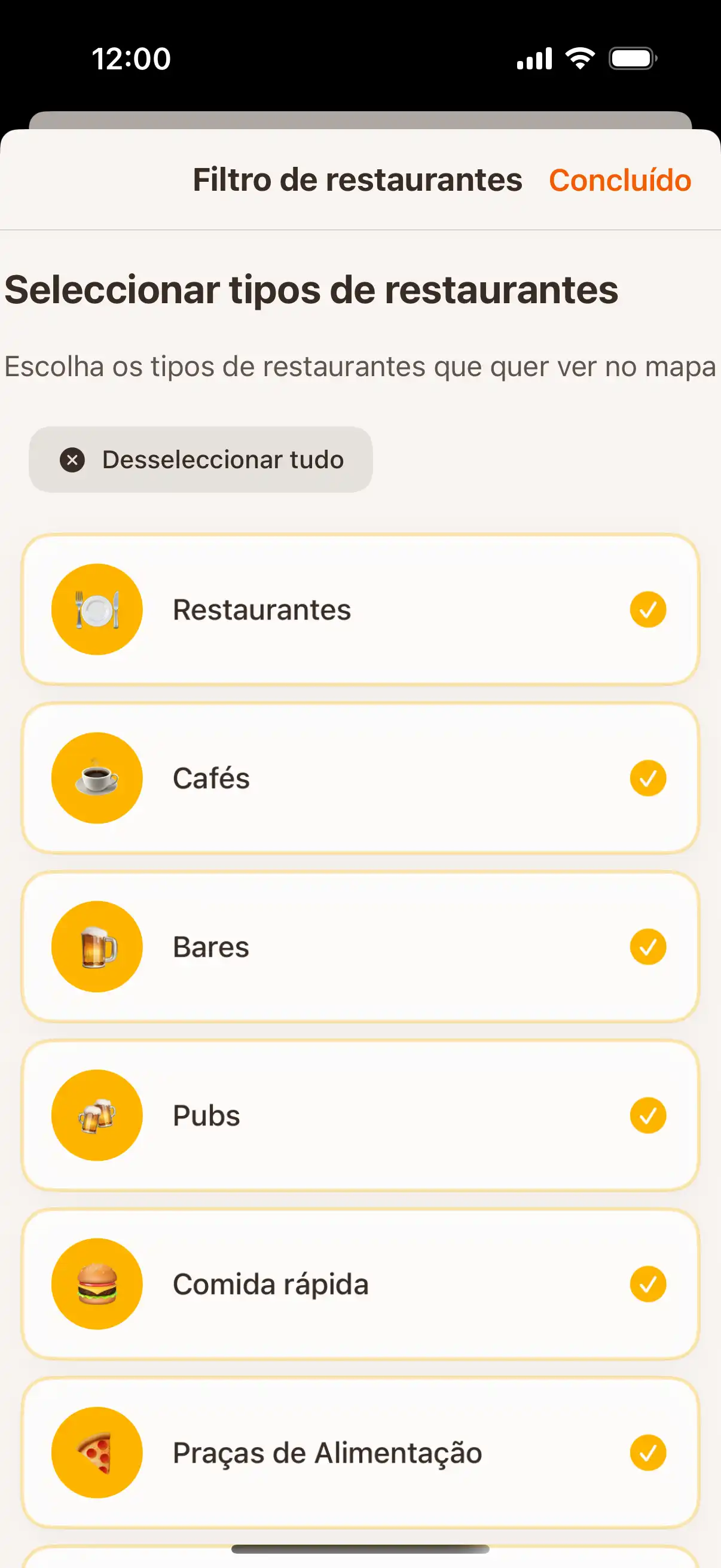 App filter screen showing different types of establishments - restaurants, cafes, bars, and ice cream parlors with selection options