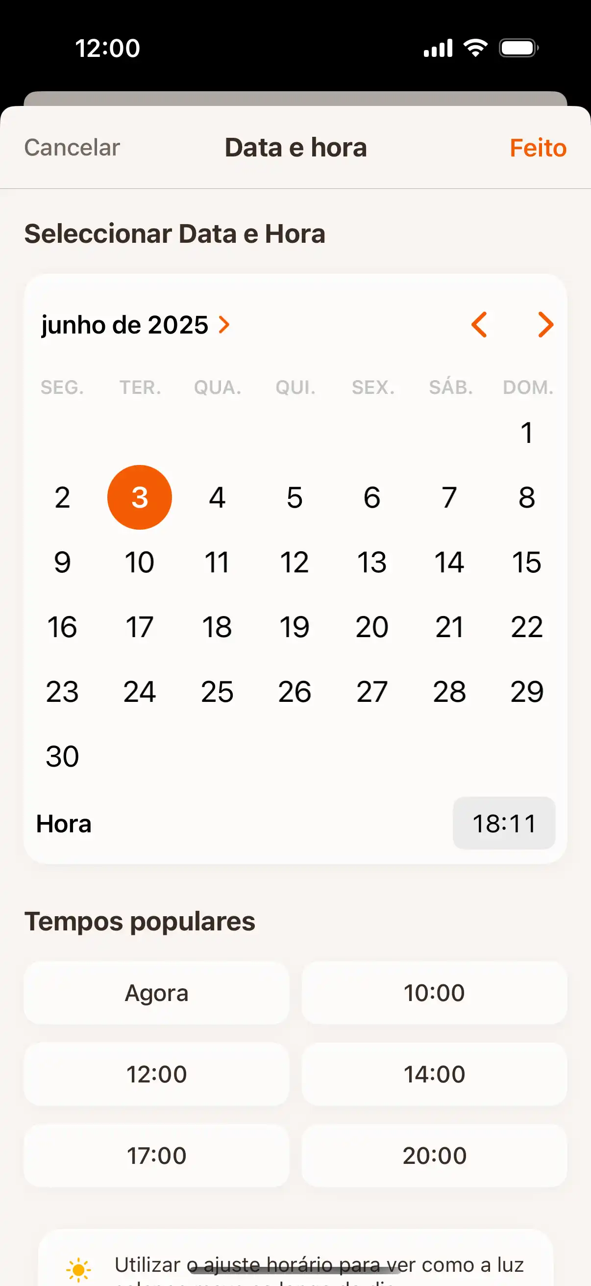 Time travel interface showing date and time picker to check sun position at future or past moments