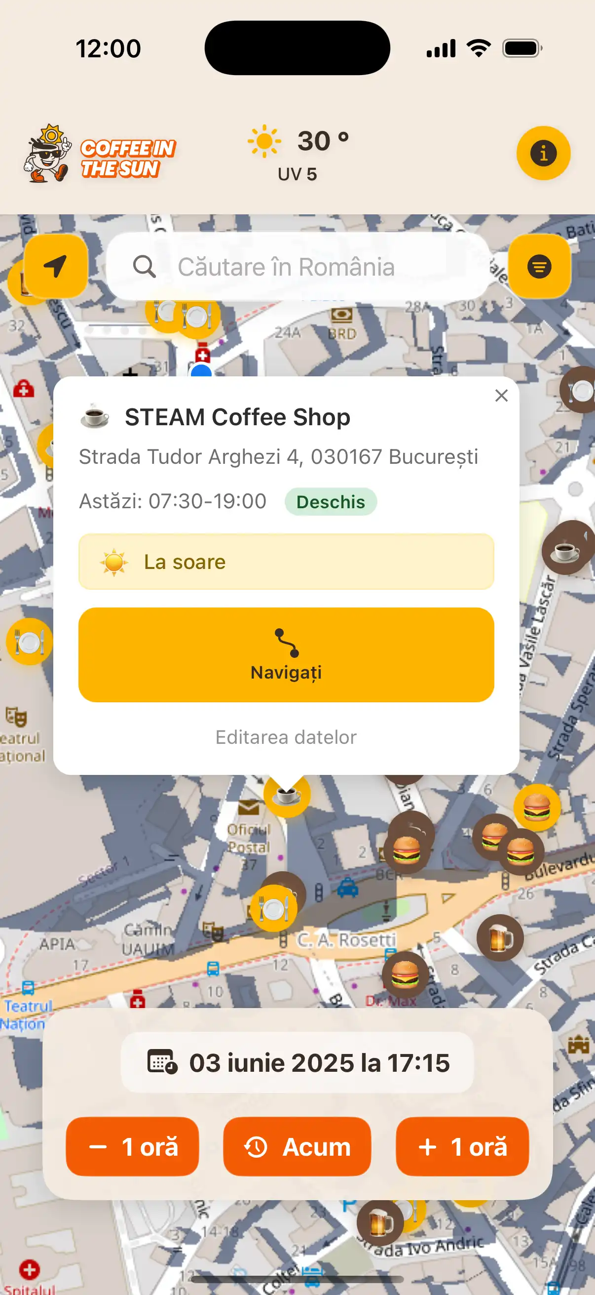 Coffee in the Sun app main map view showing restaurants and cafes with sun and shadow indicators