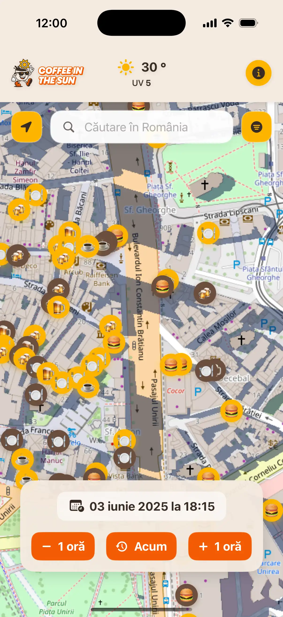 App location details screen showing restaurant information, address, and real-time sun exposure status