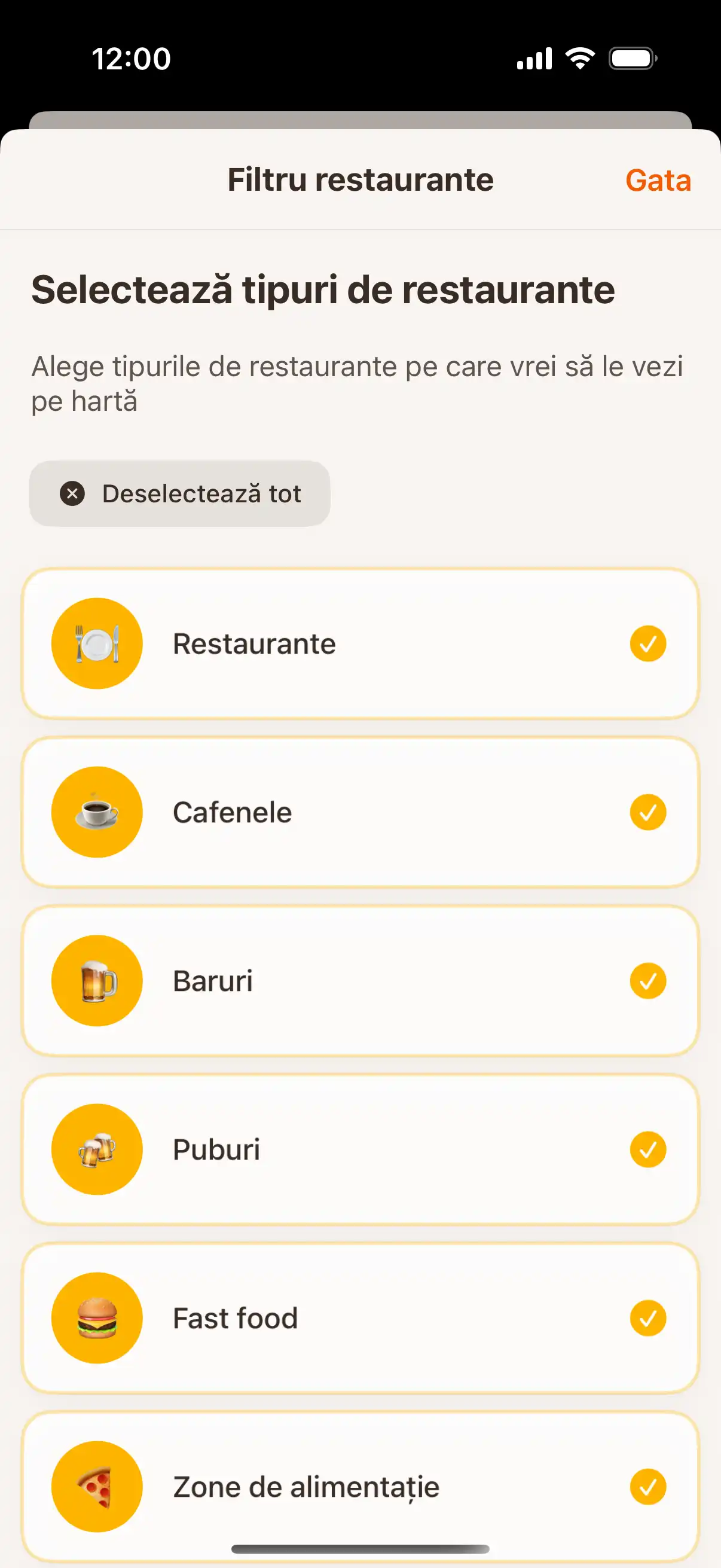 App filter screen showing different types of establishments - restaurants, cafes, bars, and ice cream parlors with selection options