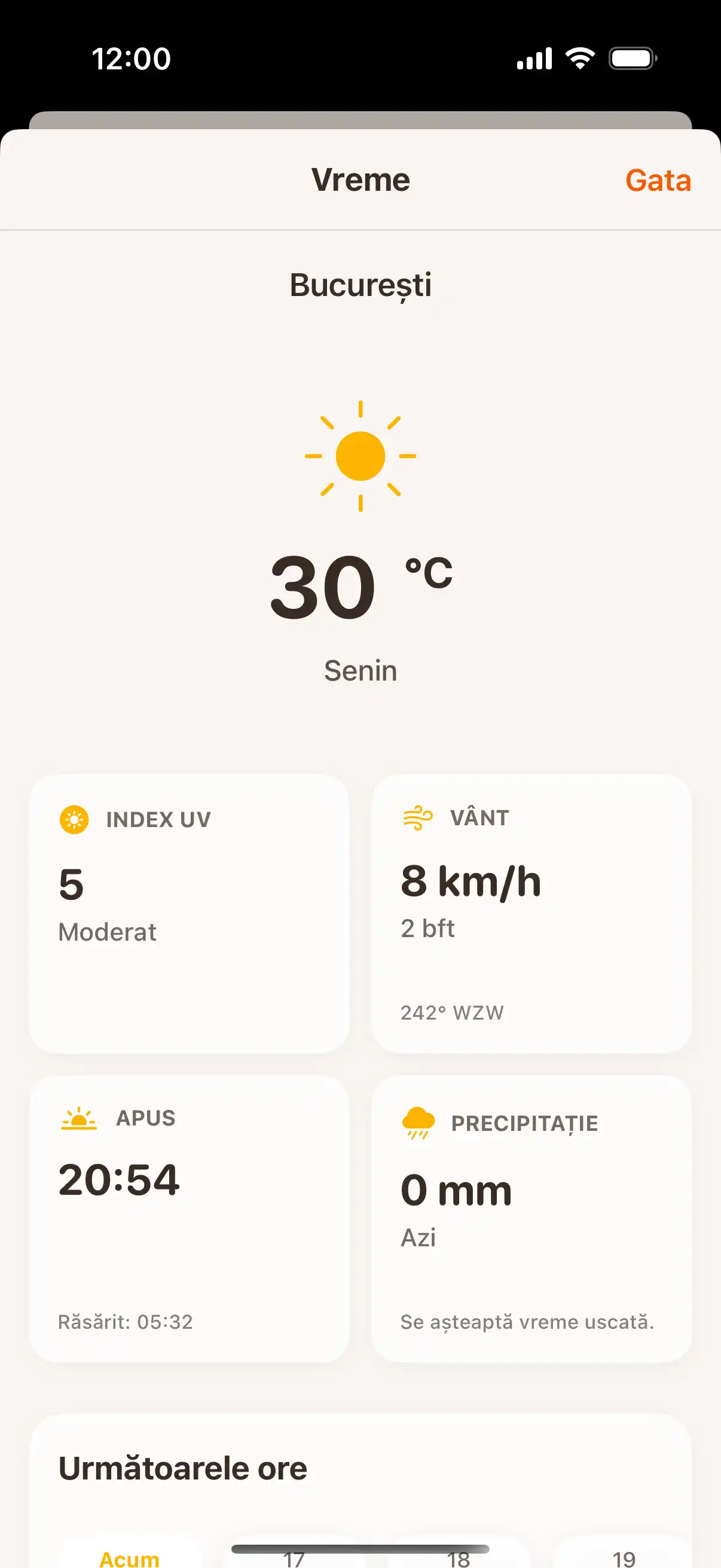 Weather forecast screen showing detailed hourly and daily weather predictions with temperature and precipitation data