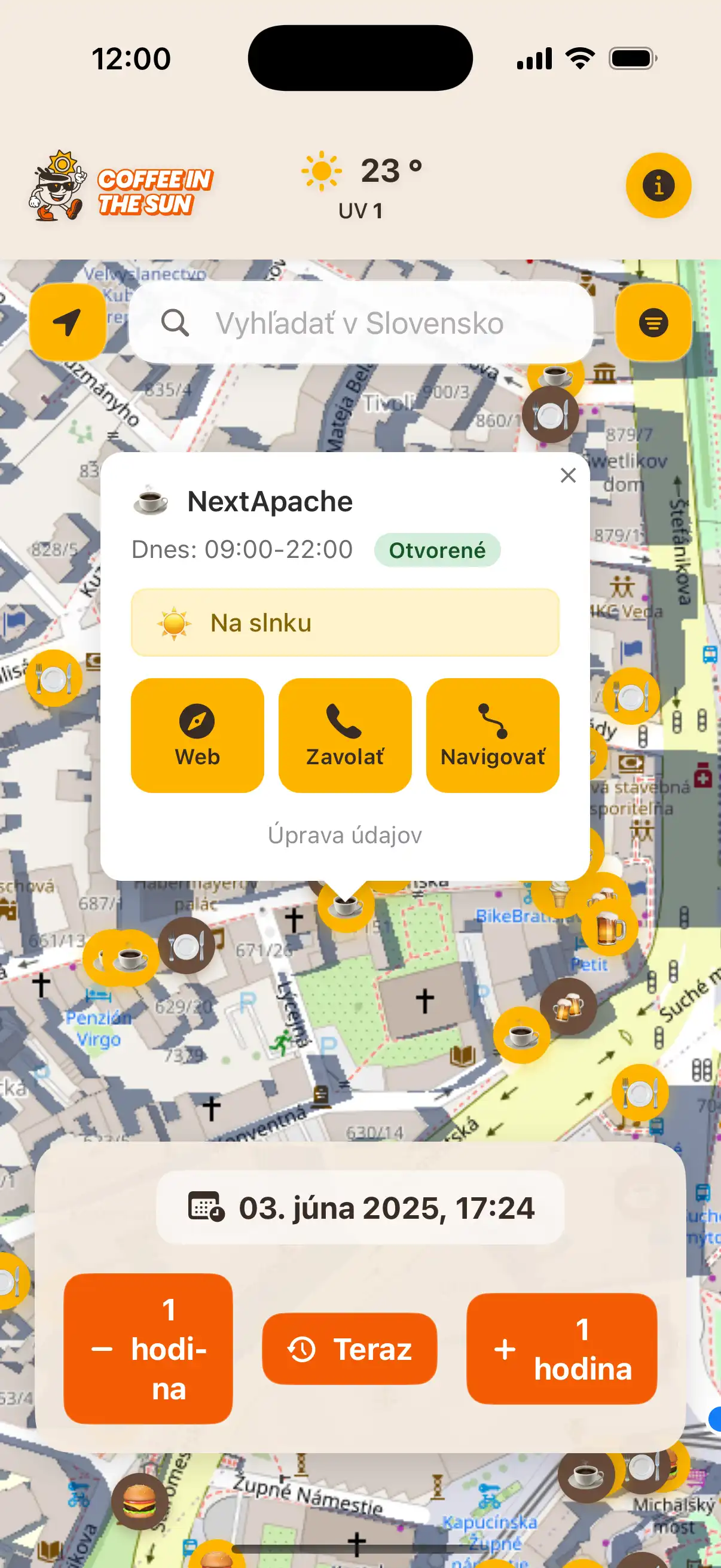 Coffee in the Sun app main map view showing restaurants and cafes with sun and shadow indicators