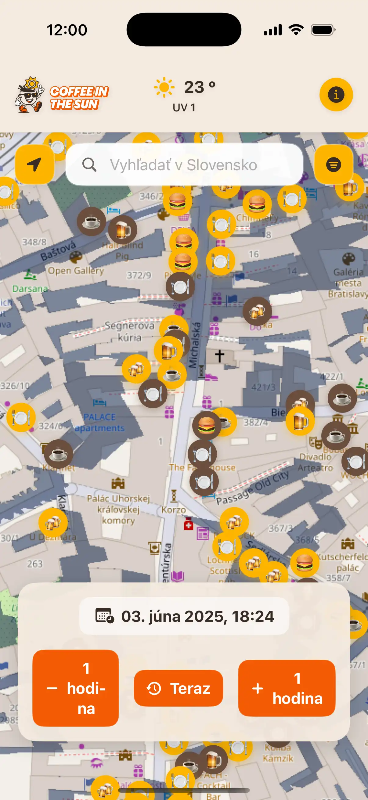 App location details screen showing restaurant information, address, and real-time sun exposure status