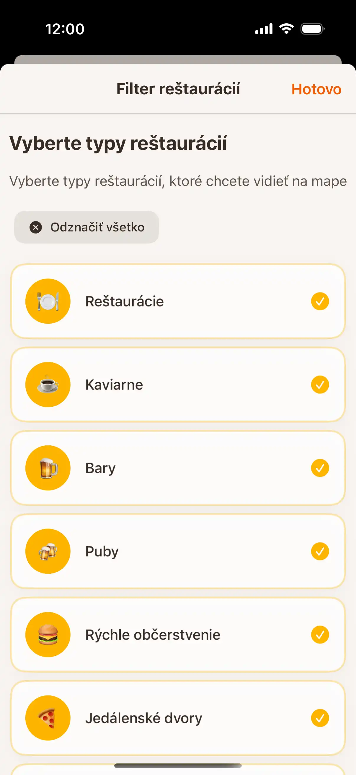App filter screen showing different types of establishments - restaurants, cafes, bars, and ice cream parlors with selection options