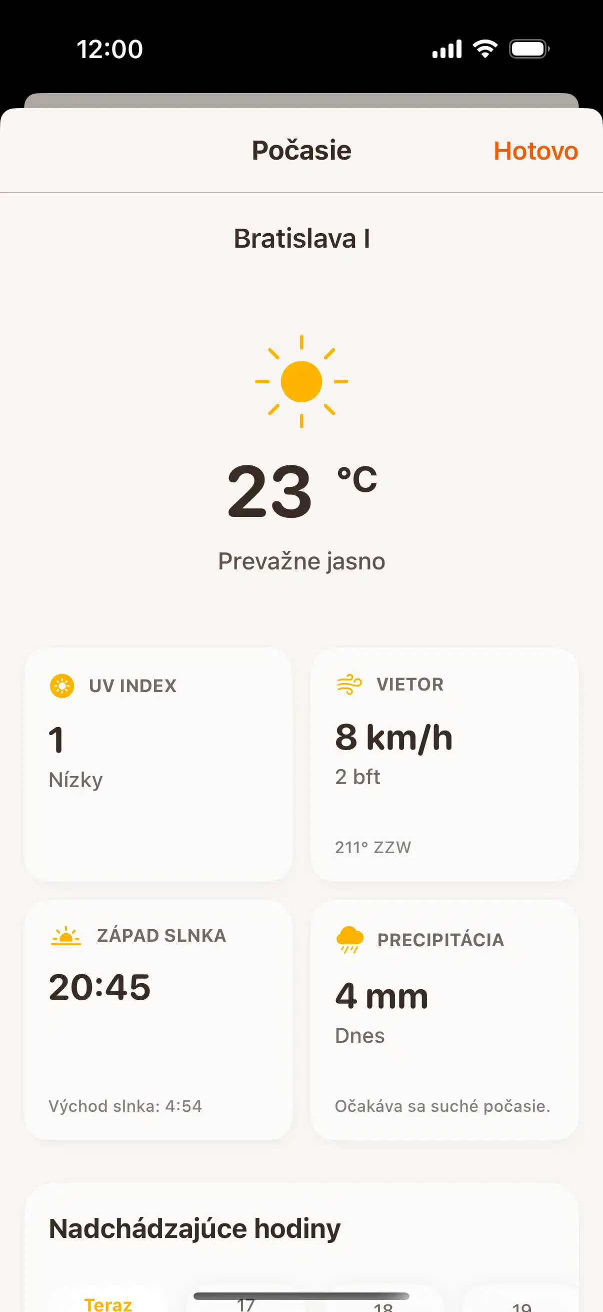 Weather forecast screen showing detailed hourly and daily weather predictions with temperature and precipitation data