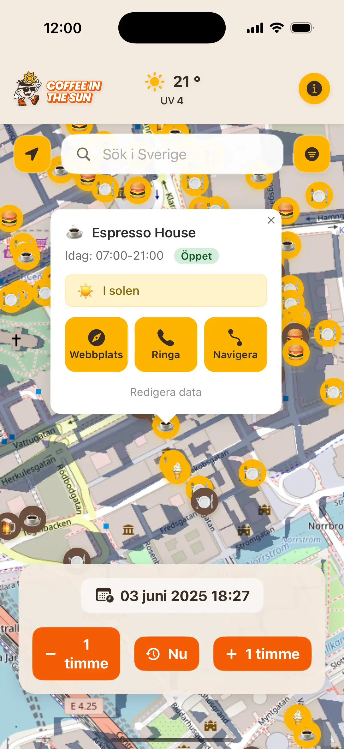 Coffee in the Sun app main map view showing restaurants and cafes with sun and shadow indicators