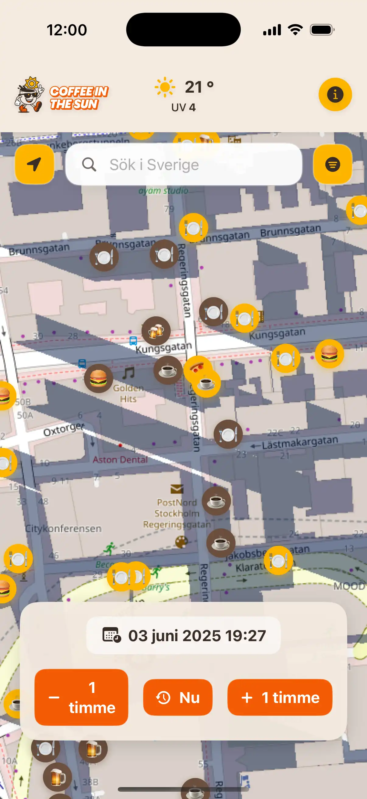 App location details screen showing restaurant information, address, and real-time sun exposure status