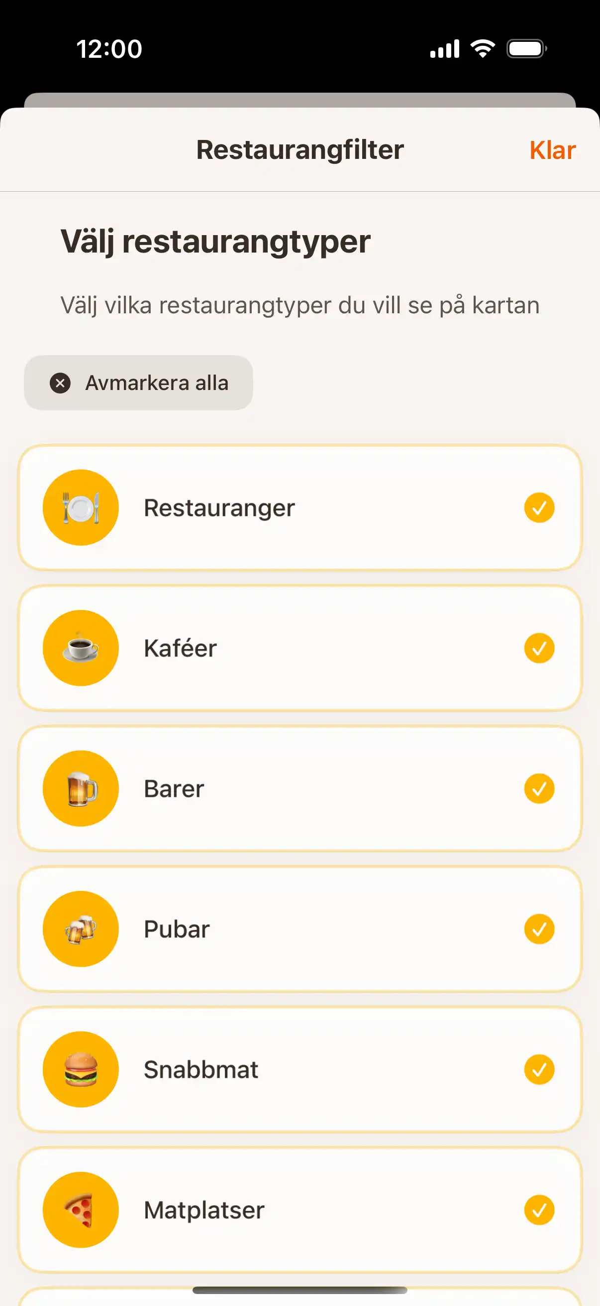 App filter screen showing different types of establishments - restaurants, cafes, bars, and ice cream parlors with selection options
