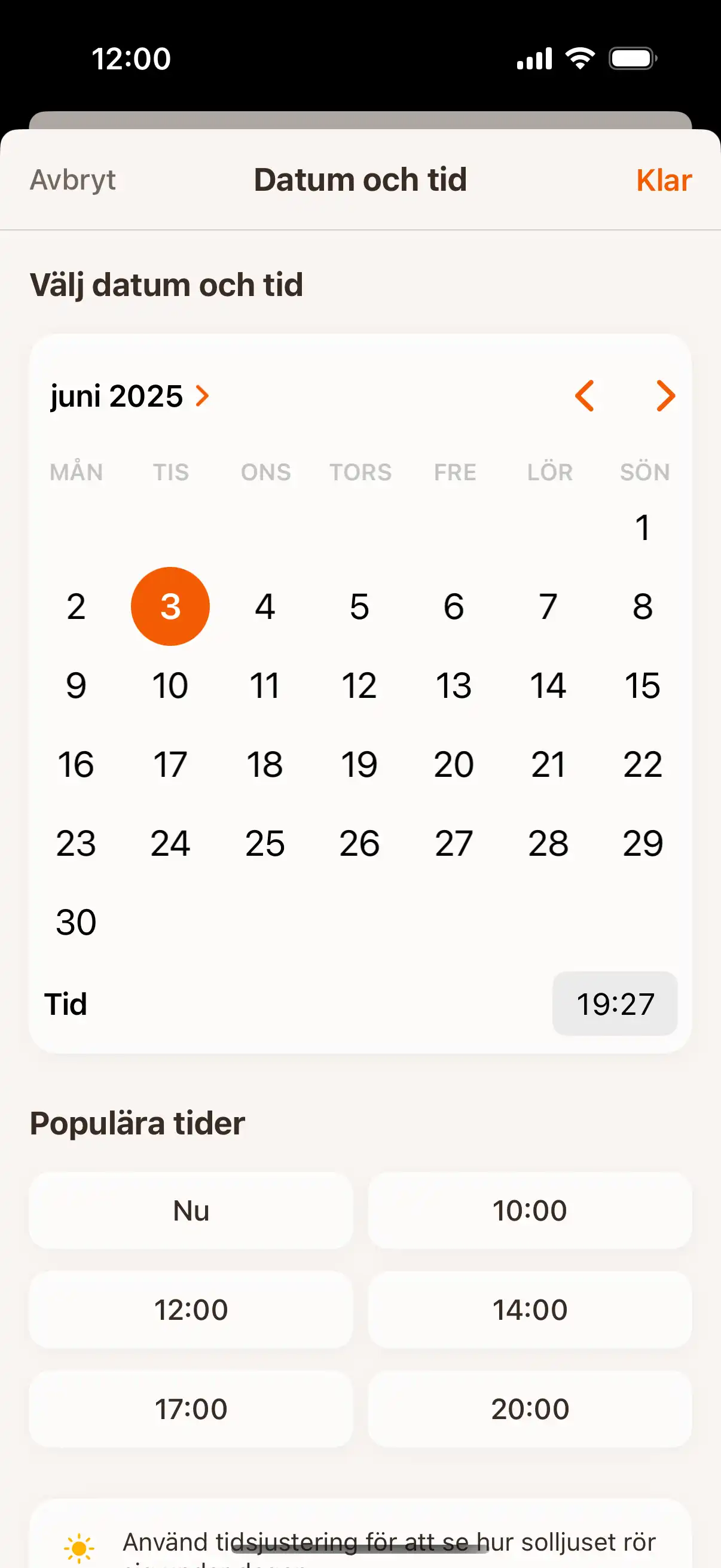 Time travel interface showing date and time picker to check sun position at future or past moments