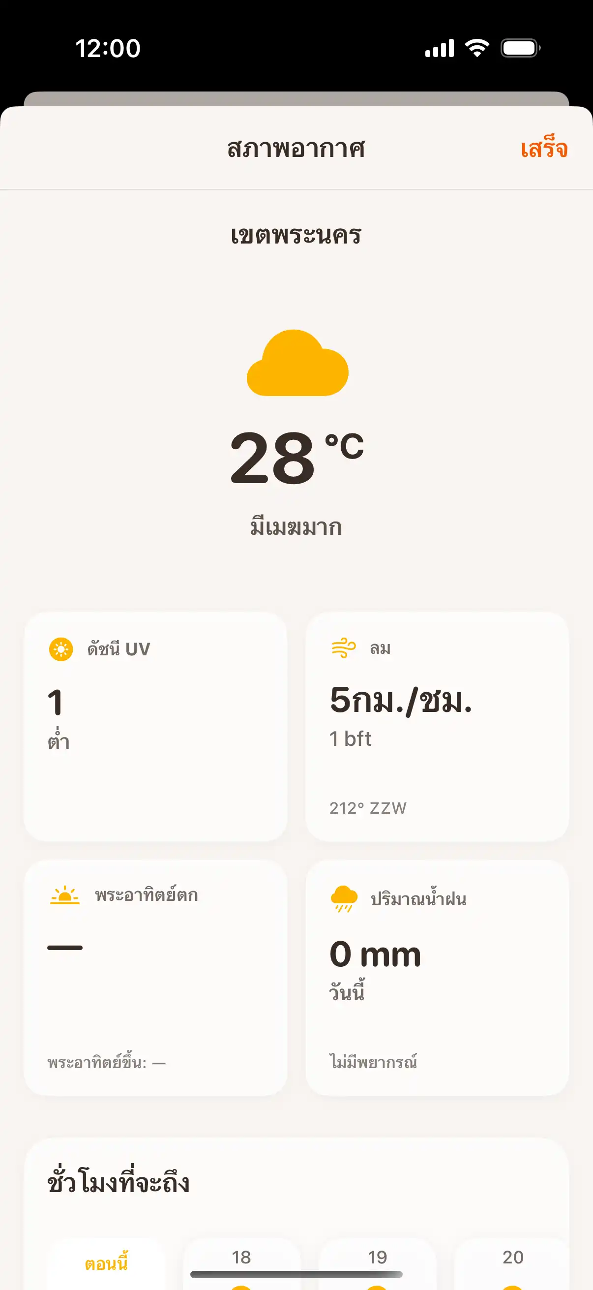 Weather forecast screen showing detailed hourly and daily weather predictions with temperature and precipitation data