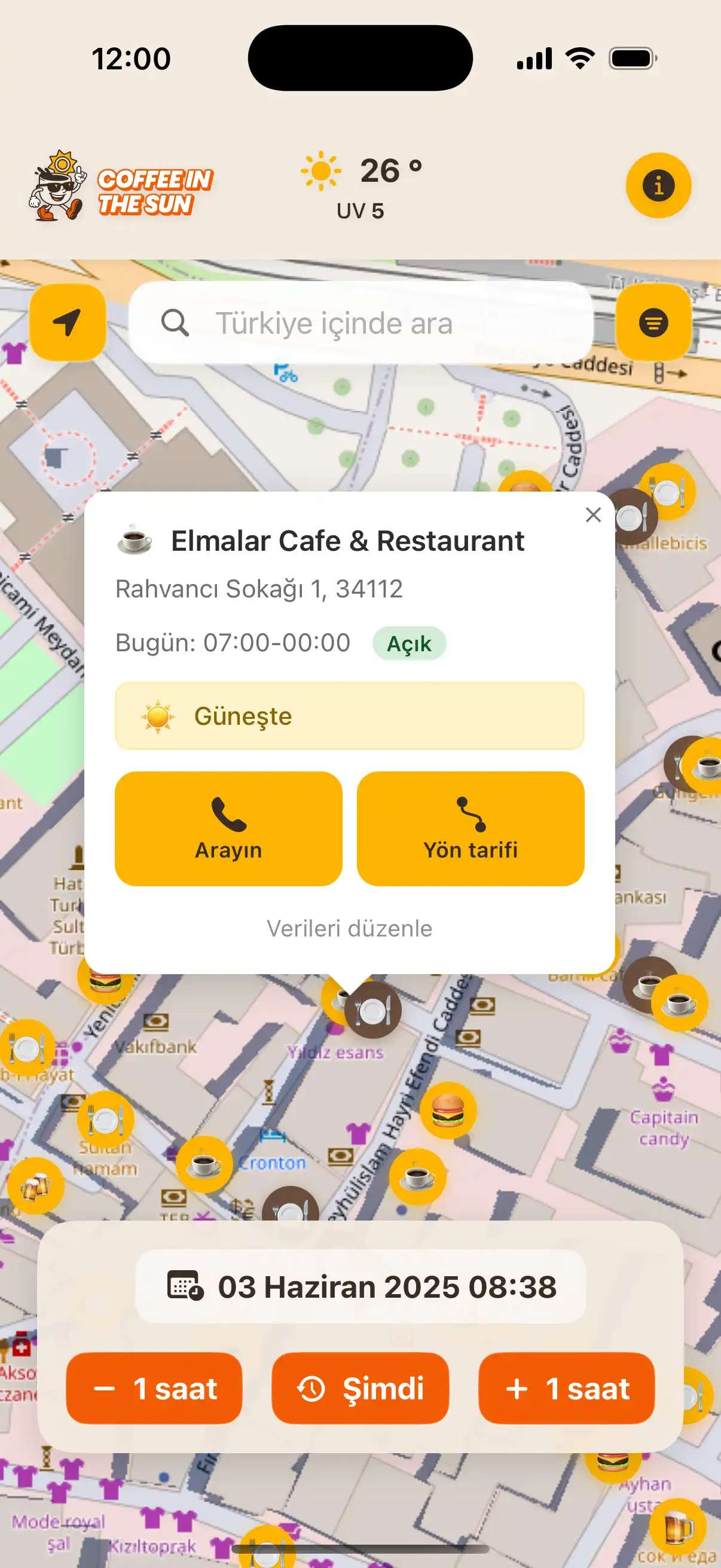 Coffee in the Sun app main map view showing restaurants and cafes with sun and shadow indicators
