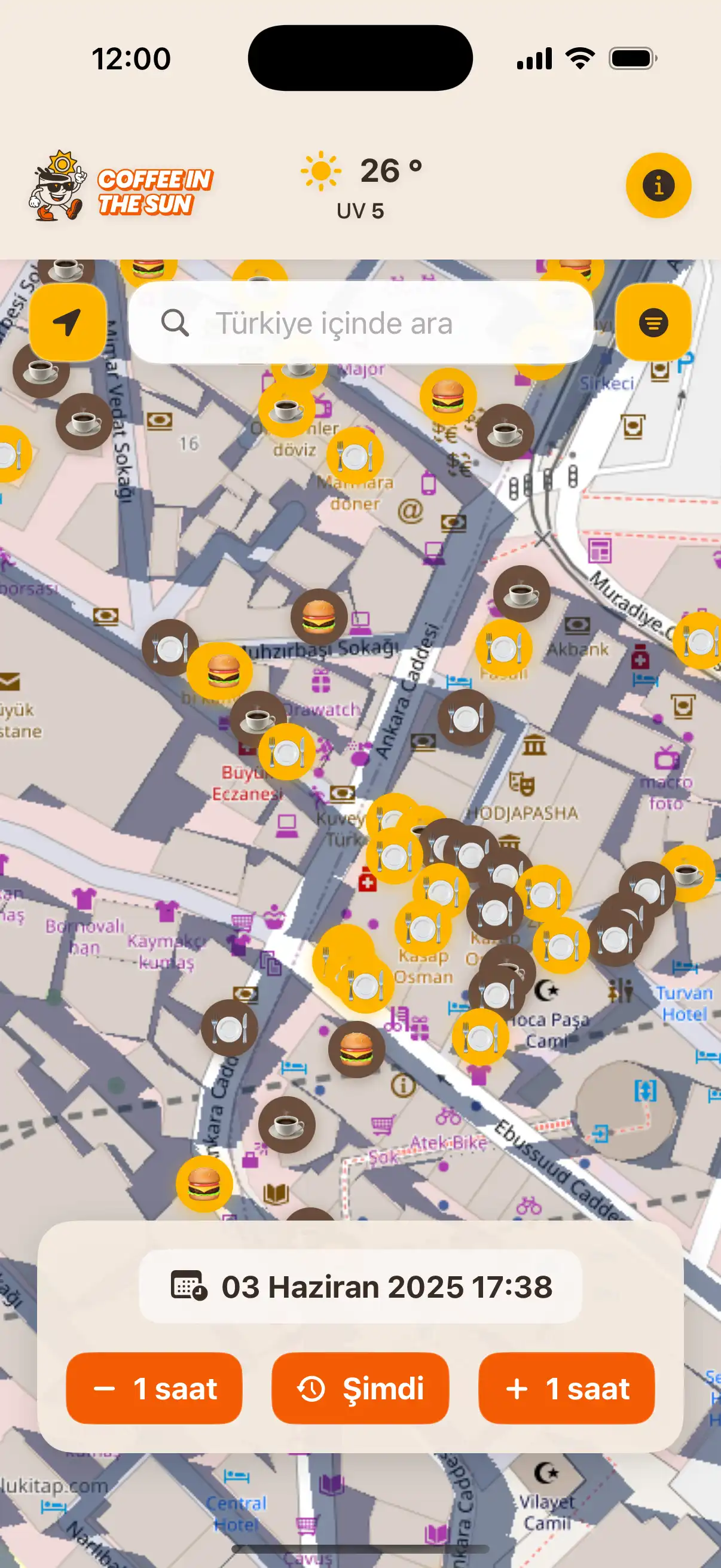 App location details screen showing restaurant information, address, and real-time sun exposure status