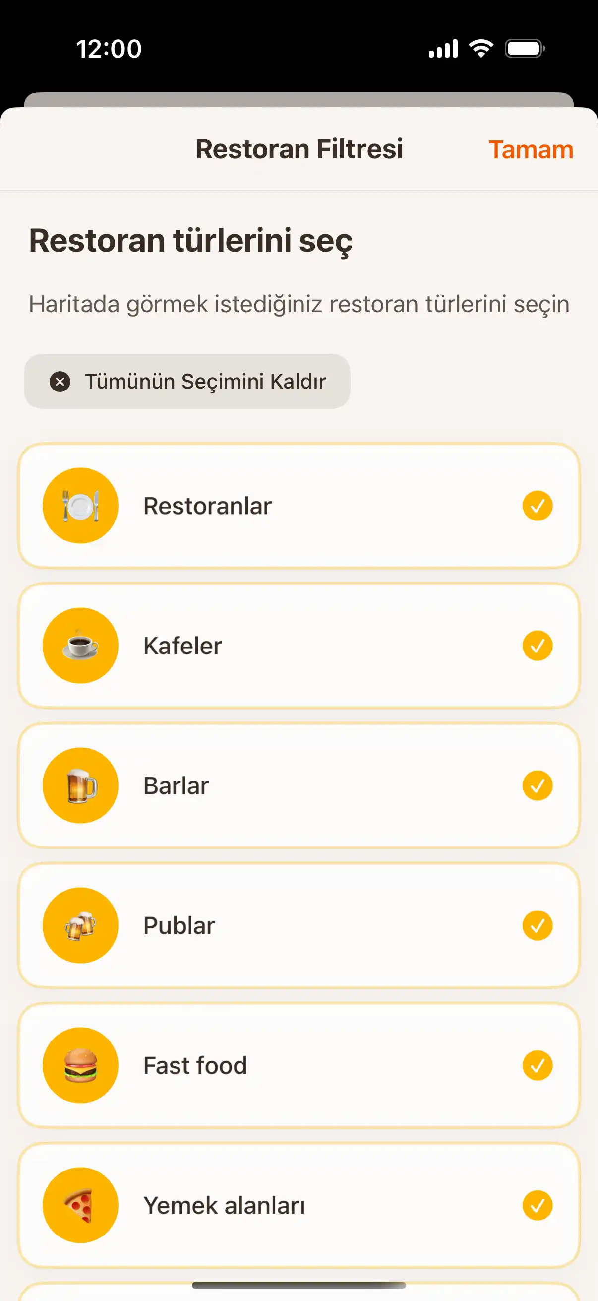 App filter screen showing different types of establishments - restaurants, cafes, bars, and ice cream parlors with selection options