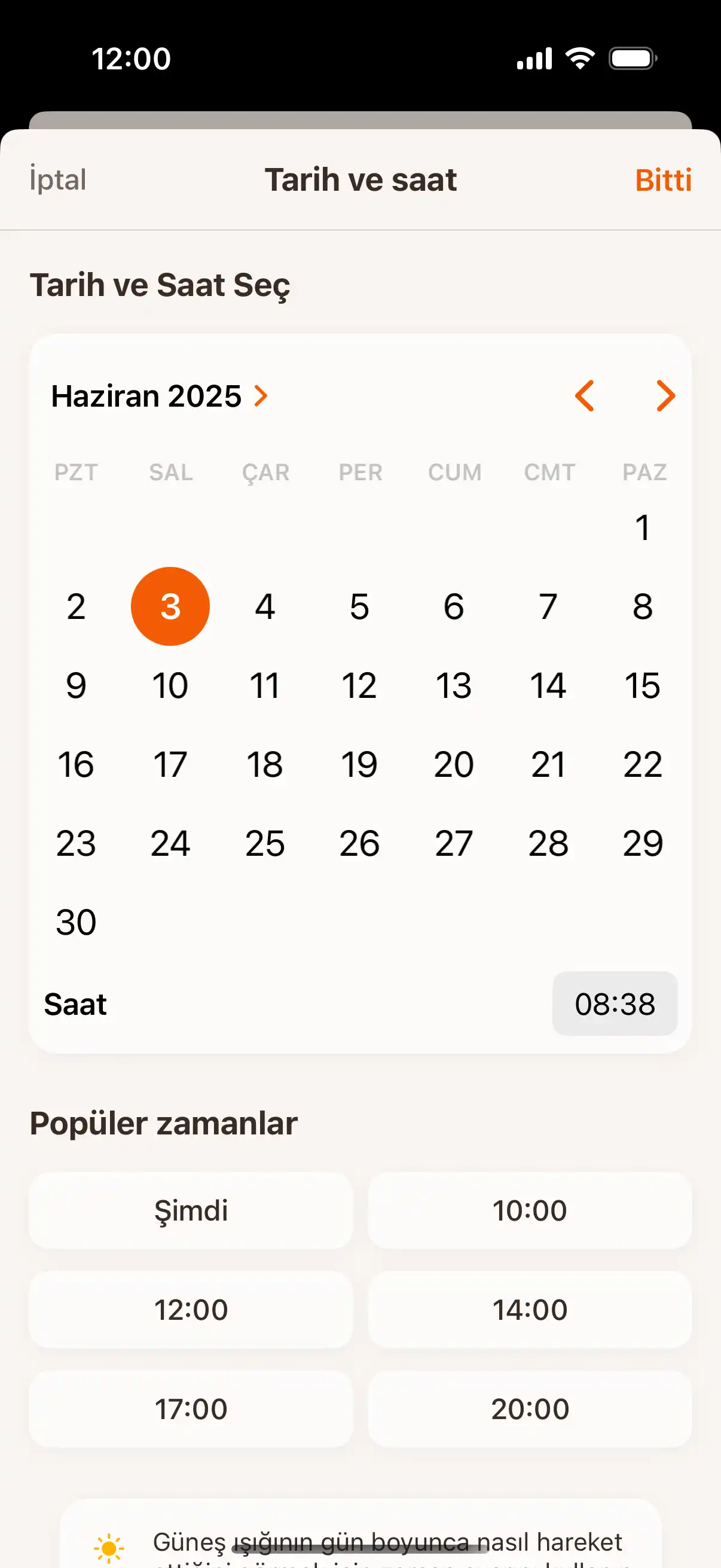 Time travel interface showing date and time picker to check sun position at future or past moments