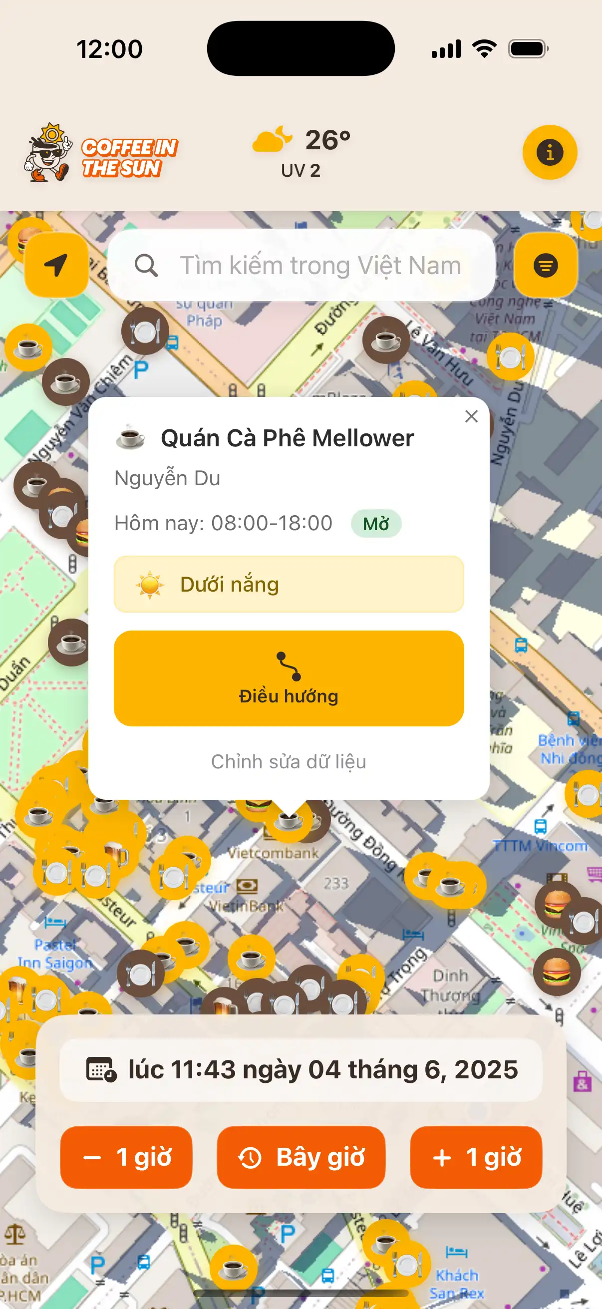 Coffee in the Sun app main map view showing restaurants and cafes with sun and shadow indicators