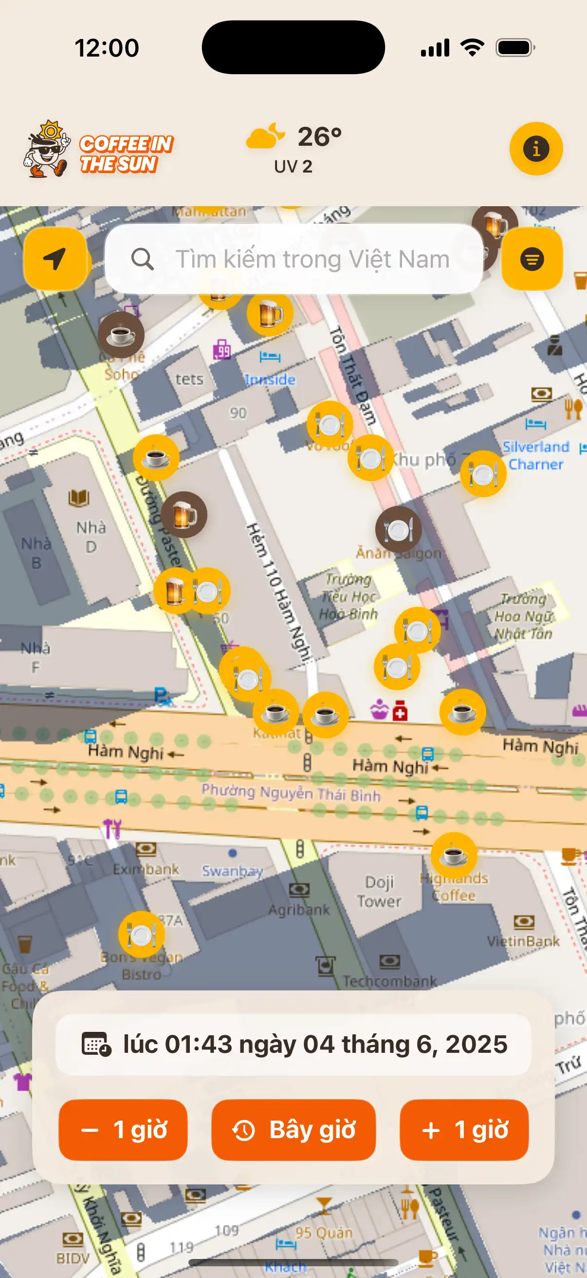 App location details screen showing restaurant information, address, and real-time sun exposure status