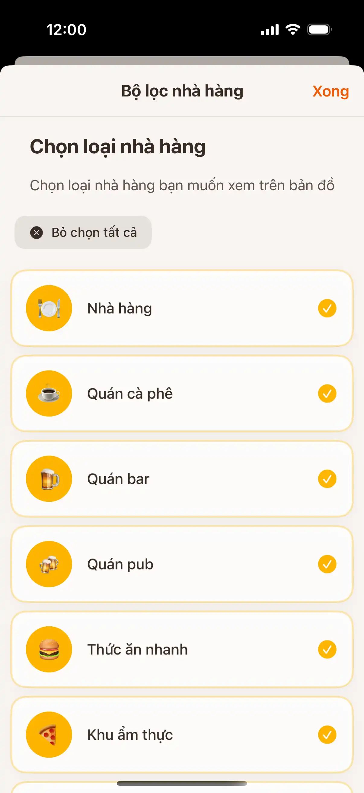 App filter screen showing different types of establishments - restaurants, cafes, bars, and ice cream parlors with selection options