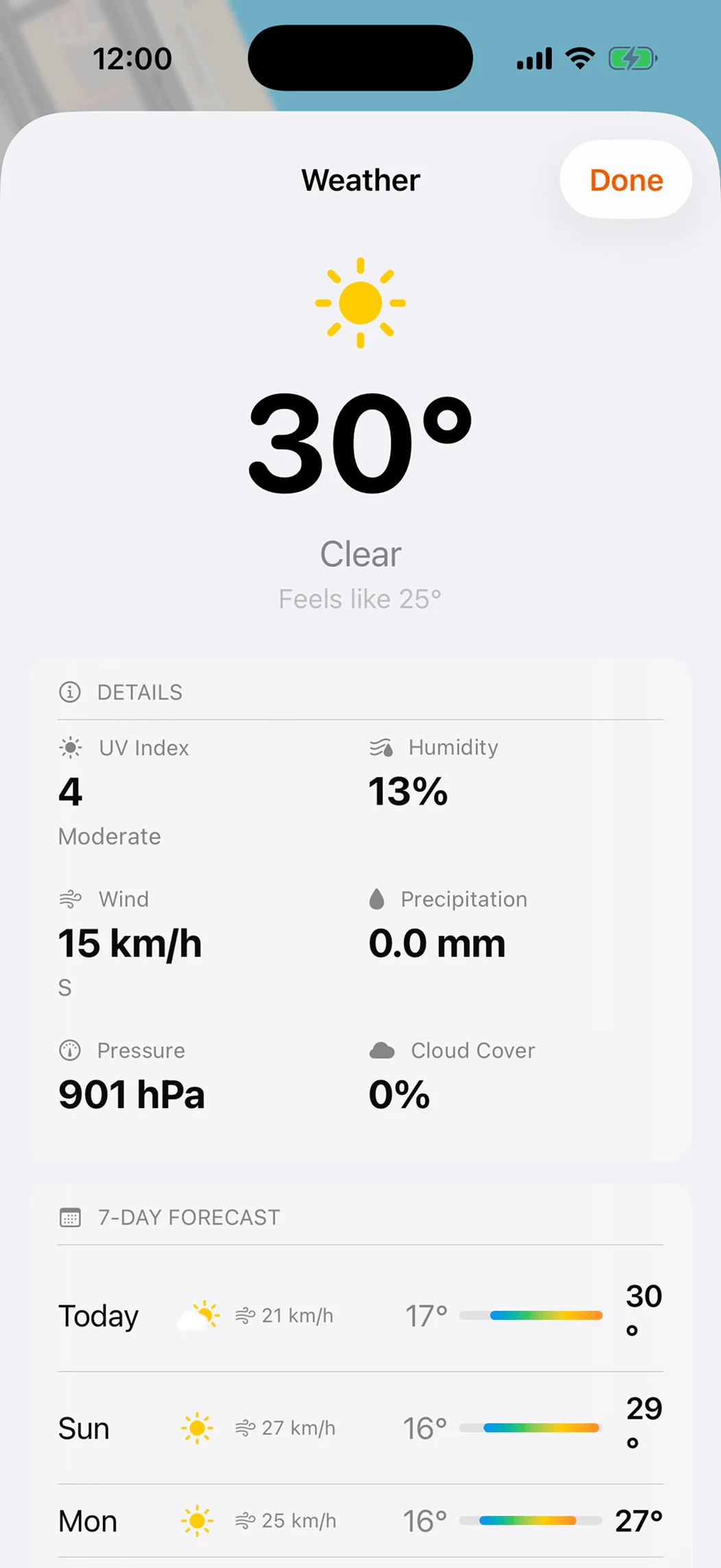 Weather screen showing temperature, UV index, wind, humidity, and 7-day forecast